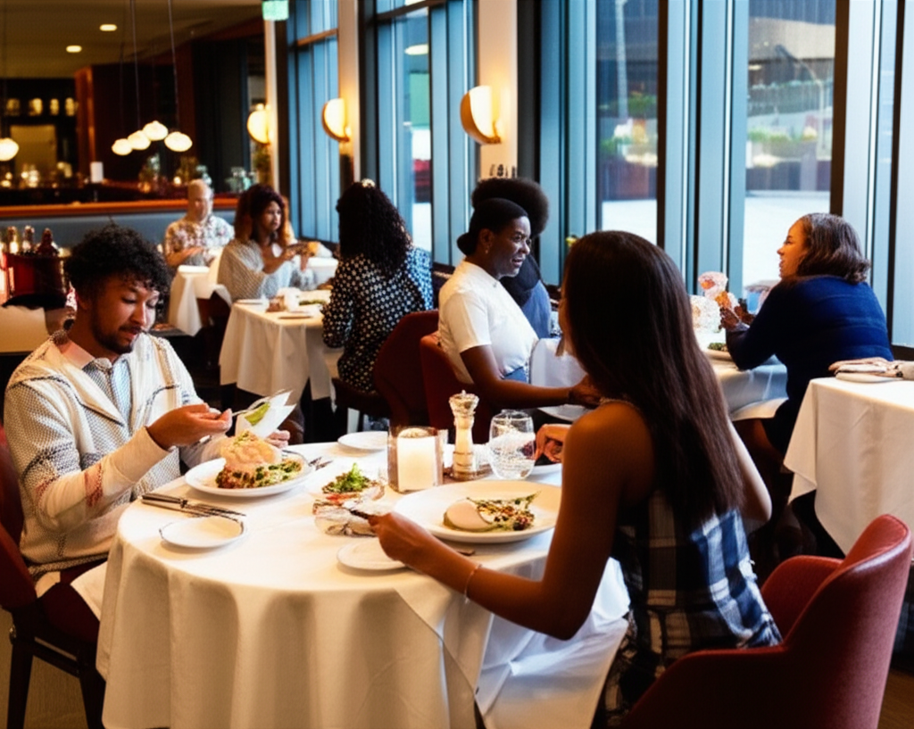 Modern upscale restaurant with happy diners enjoying delicious meals